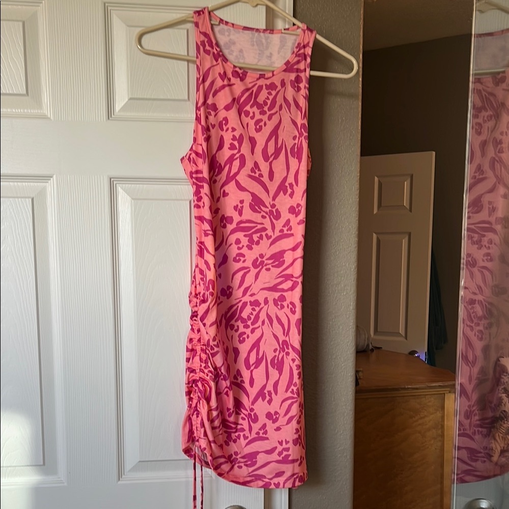 Pink Print Sleeveless Ruched Side Dress